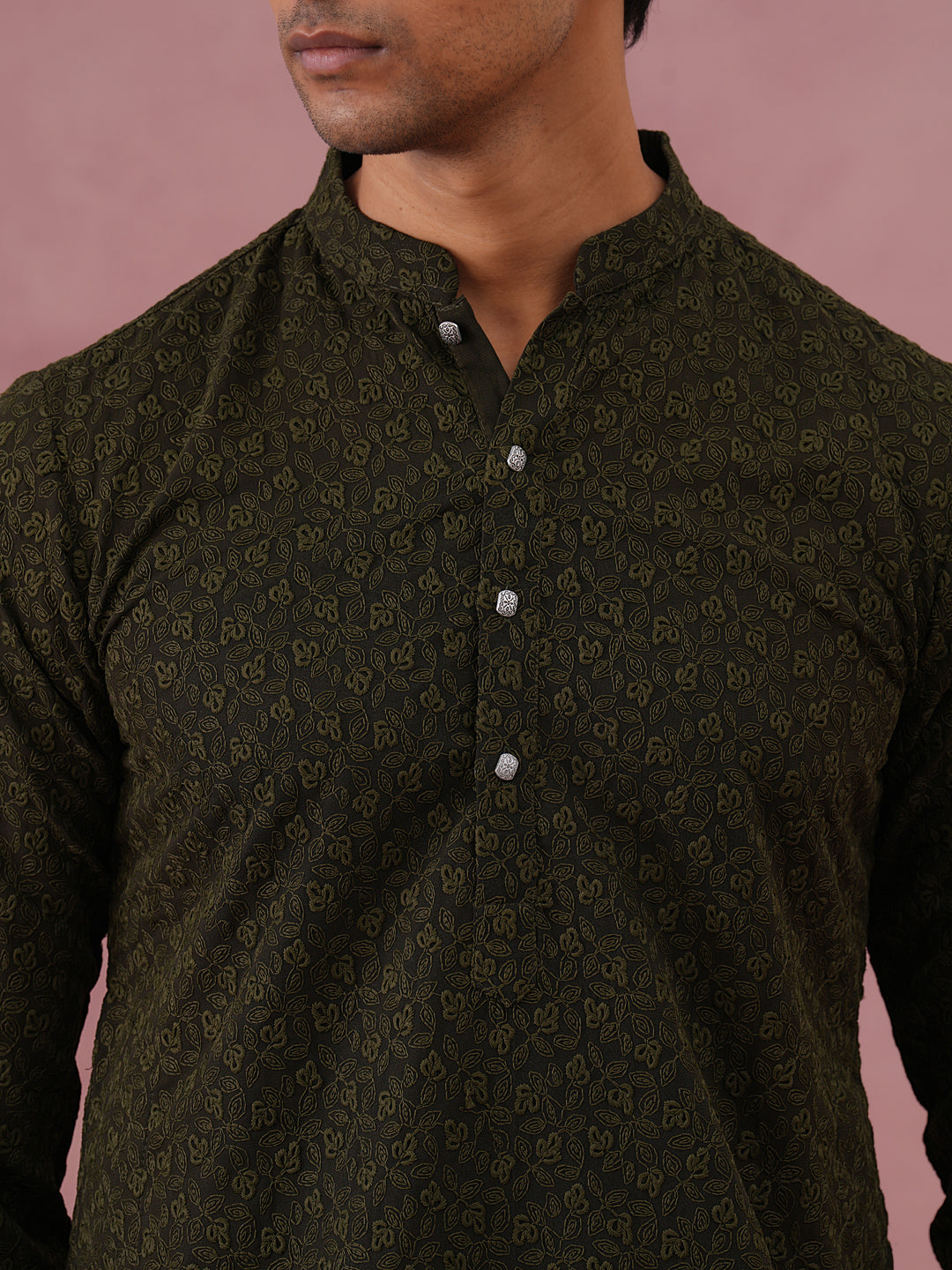 Traditional Cotton Blend Embroidered Kurta Pyjama ( 65KP P 5334 P 5334Olive ) [FF] [F-1-2-3-4]