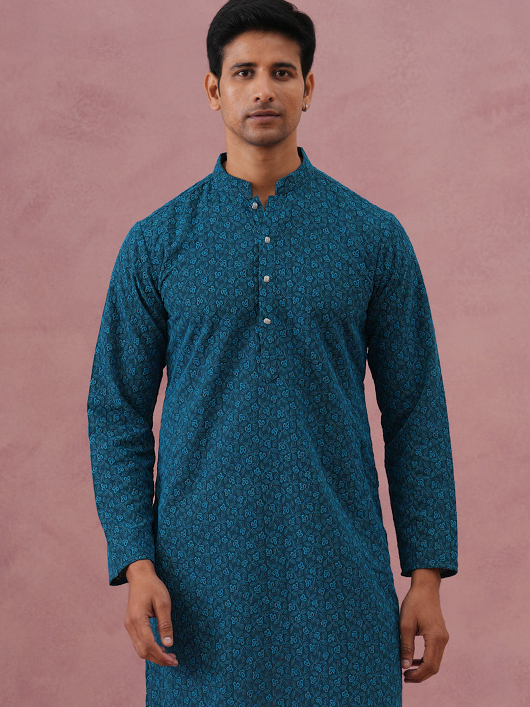 Traditional Cotton Blend Embroidered Kurta Pyjama ( 65KP P 5334 P 5334Peacock ) [FF] [F-1-2-3-4]