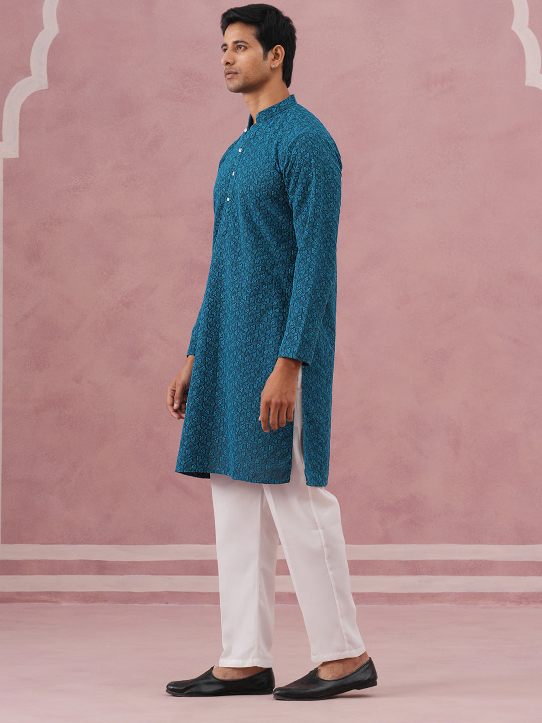 Traditional Cotton Blend Embroidered Kurta Pyjama ( 65KP P 5334 P 5334Peacock ) [FF] [F-1-2-3-4]