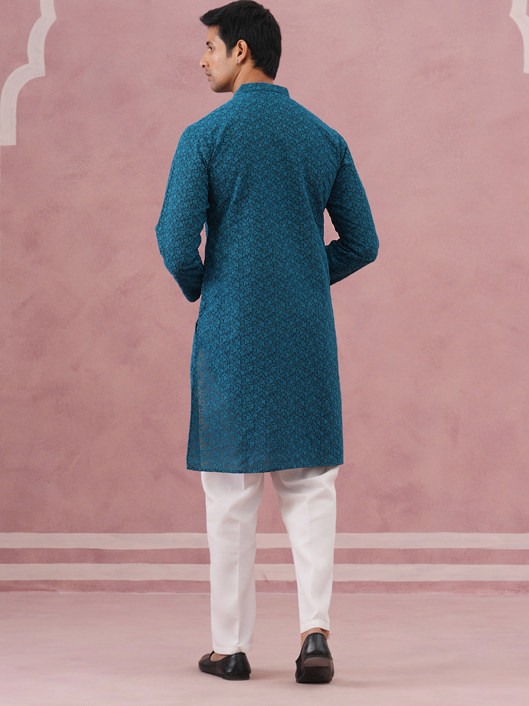 Traditional Cotton Blend Embroidered Kurta Pyjama ( 65KP P 5334 P 5334Peacock ) [FF] [F-1-2-3-4]