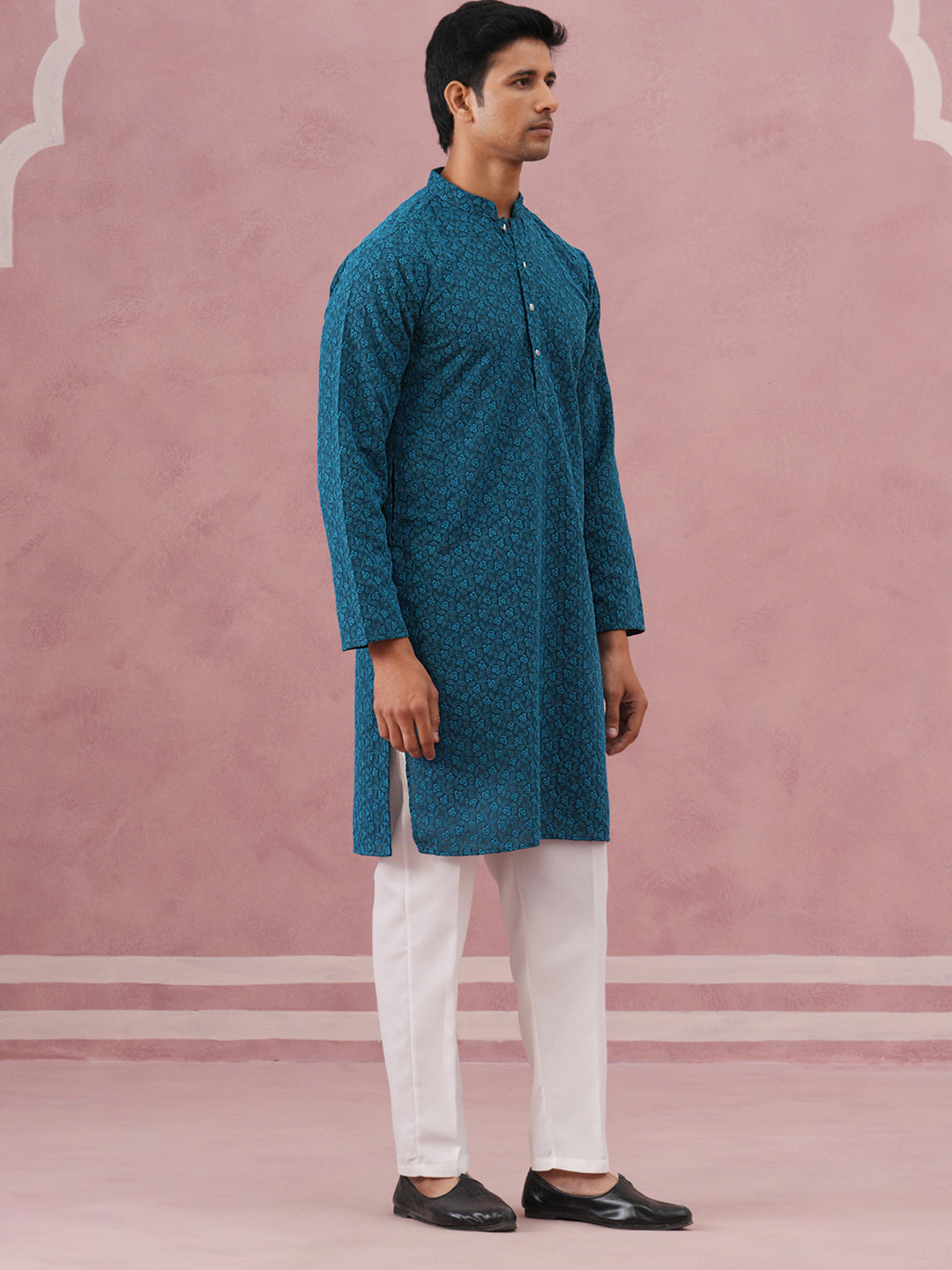 Traditional Cotton Blend Embroidered Kurta Pyjama ( 65KP P 5334 P 5334Peacock ) [FF] [F-1-2-3-4]