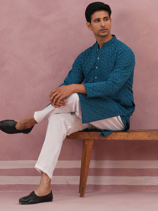 Traditional Cotton Blend Embroidered Kurta Pyjama ( 65KP P 5334 P 5334Peacock ) [FF] [F-1-2-3-4]