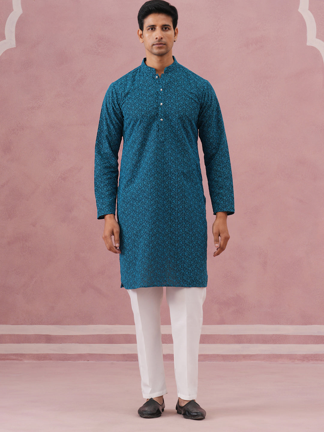 Traditional Cotton Blend Embroidered Kurta Pyjama ( 65KP P 5334 P 5334Peacock ) [FF] [F-1-2-3-4]