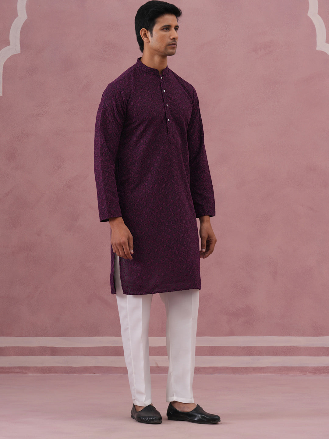 Traditional Cotton Blend Embroidered Kurta Pyjama (65KP P 5334 Purple ) [FF] [F-1-2-3-4]