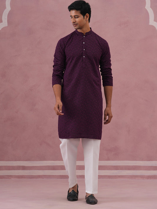 Traditional Cotton Blend Embroidered Kurta Pyjama (65KP P 5334 Purple ) [FF] [F-1-2-3-4]