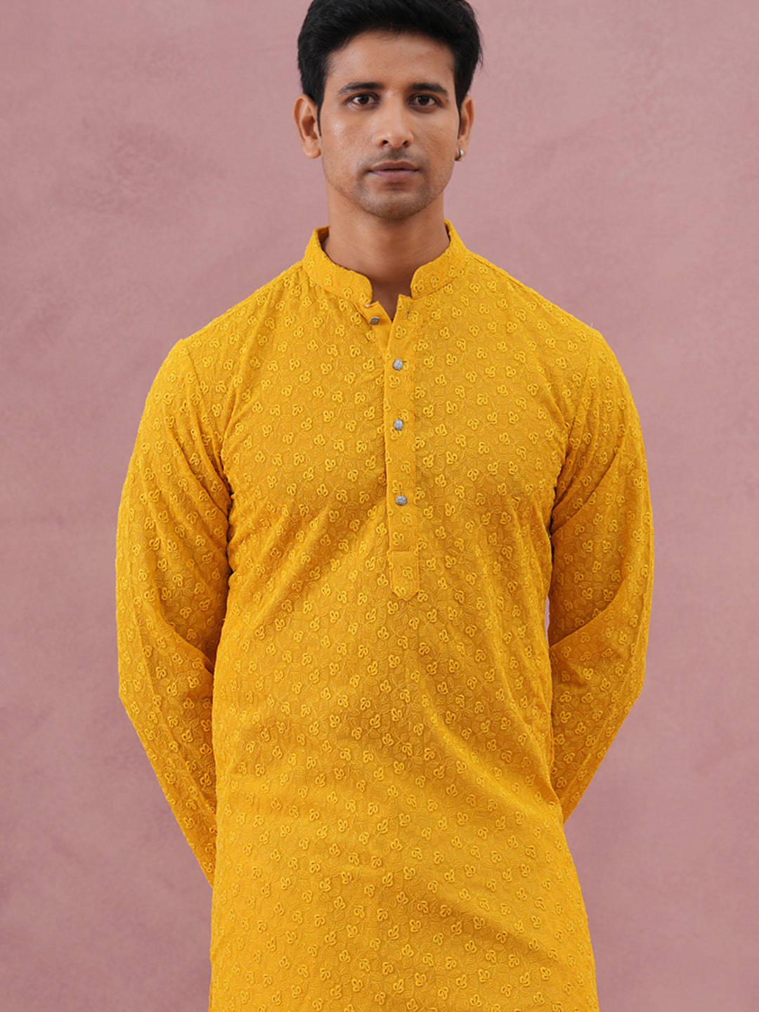 Traditional Cotton Blend Embroidered Kurta Pyjama (65KP P 5334 Yellow ) [FF] [F-1-2-3-4]
