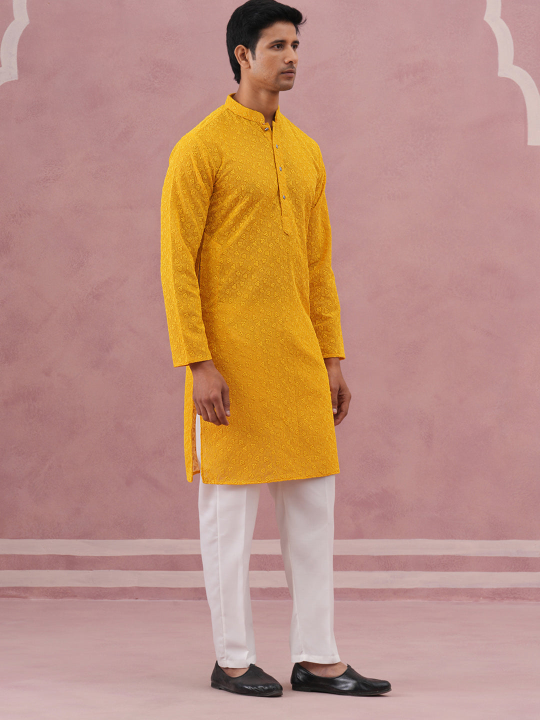 Traditional Cotton Blend Embroidered Kurta Pyjama (65KP P 5334 Yellow ) [FF] [F-1-2-3-4]