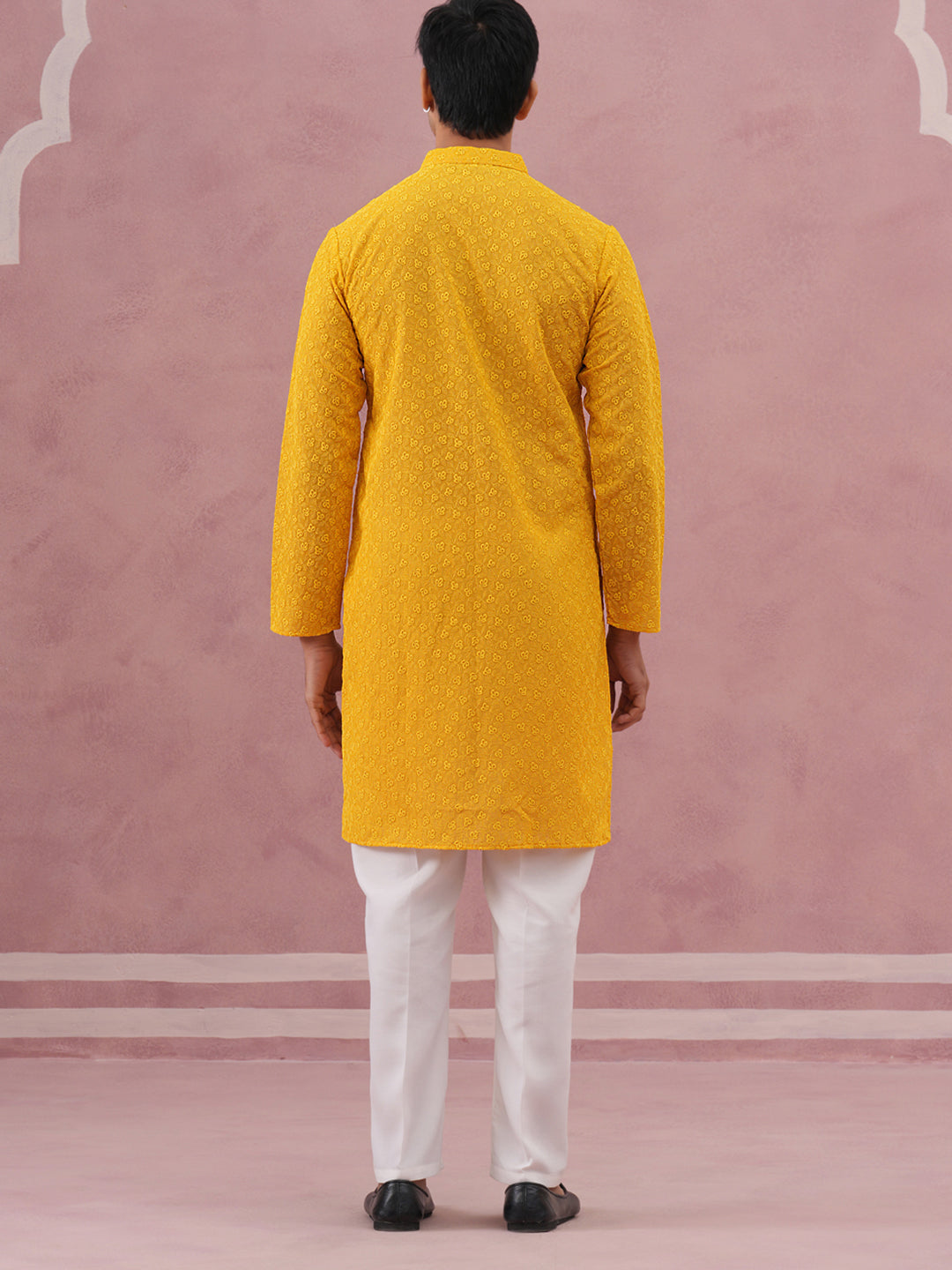 Traditional Cotton Blend Embroidered Kurta Pyjama (65KP P 5334 Yellow ) [FF] [F-1-2-3-4]