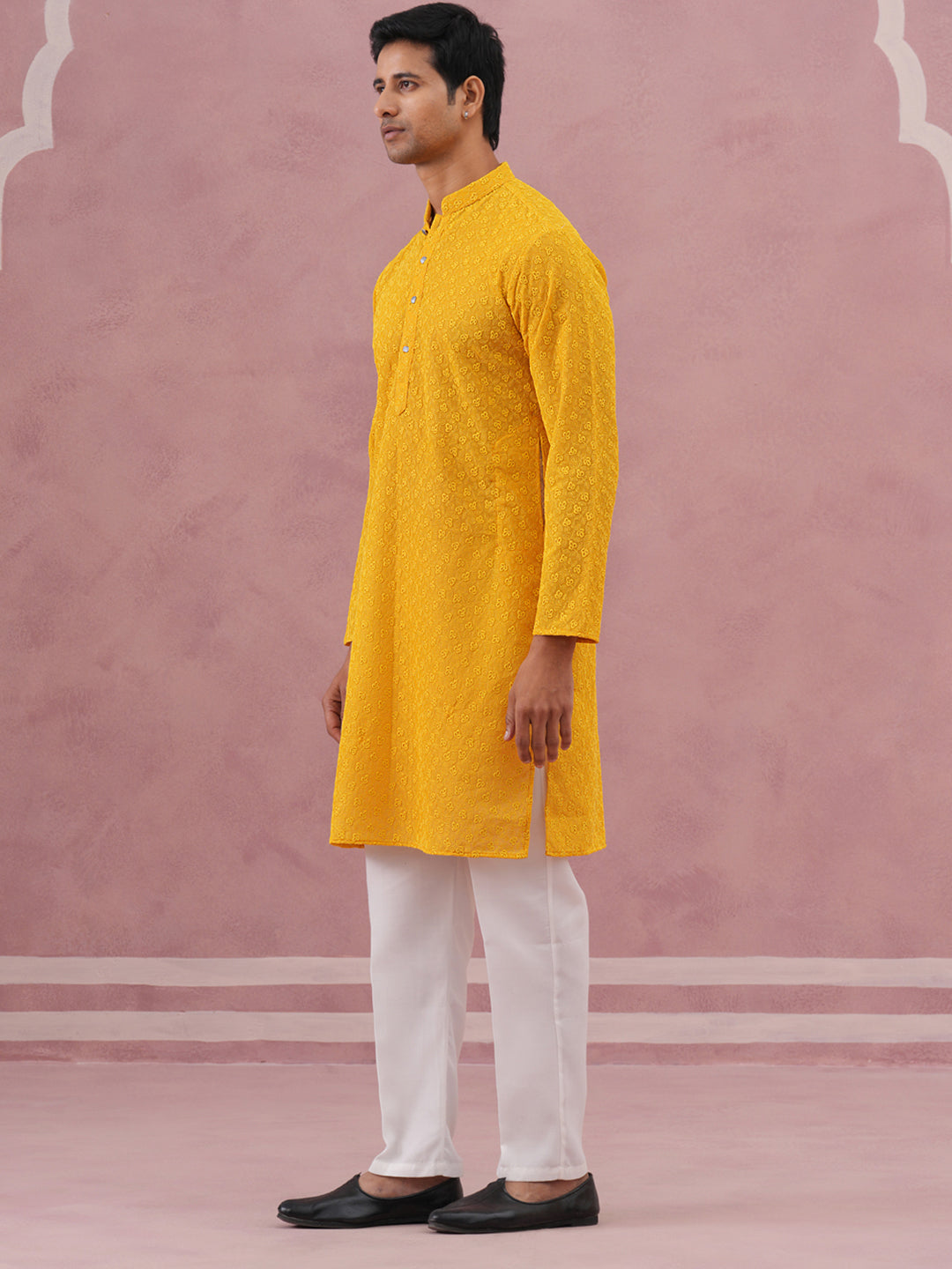 Traditional Cotton Blend Embroidered Kurta Pyjama (65KP P 5334 Yellow ) [FF] [F-1-2-3-4]