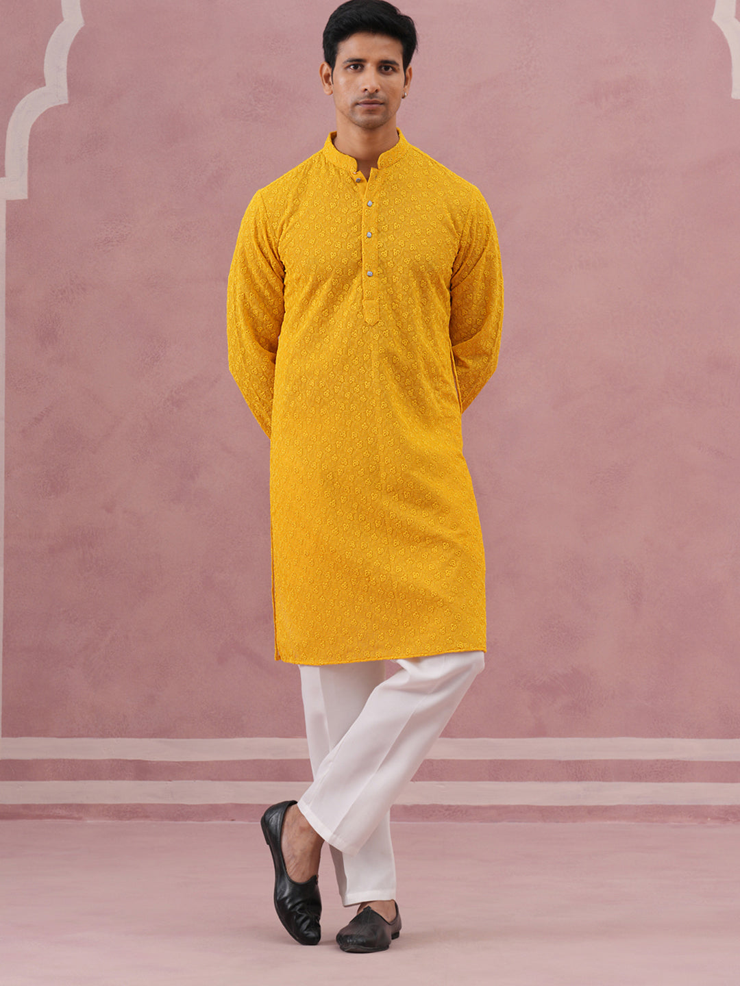 Traditional Cotton Blend Embroidered Kurta Pyjama (65KP P 5334 Yellow ) [FF] [F-1-2-3-4]