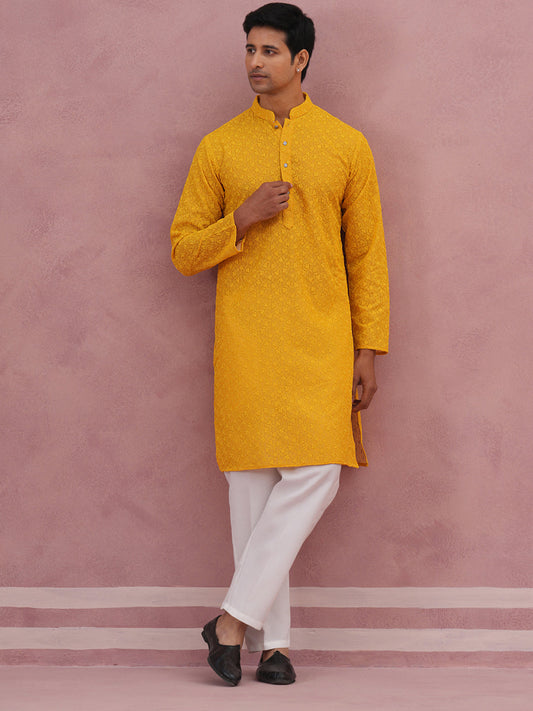 Traditional Cotton Blend Embroidered Kurta Pyjama (65KP P 5334 Yellow ) [FF] [F-1-2-3-4]
