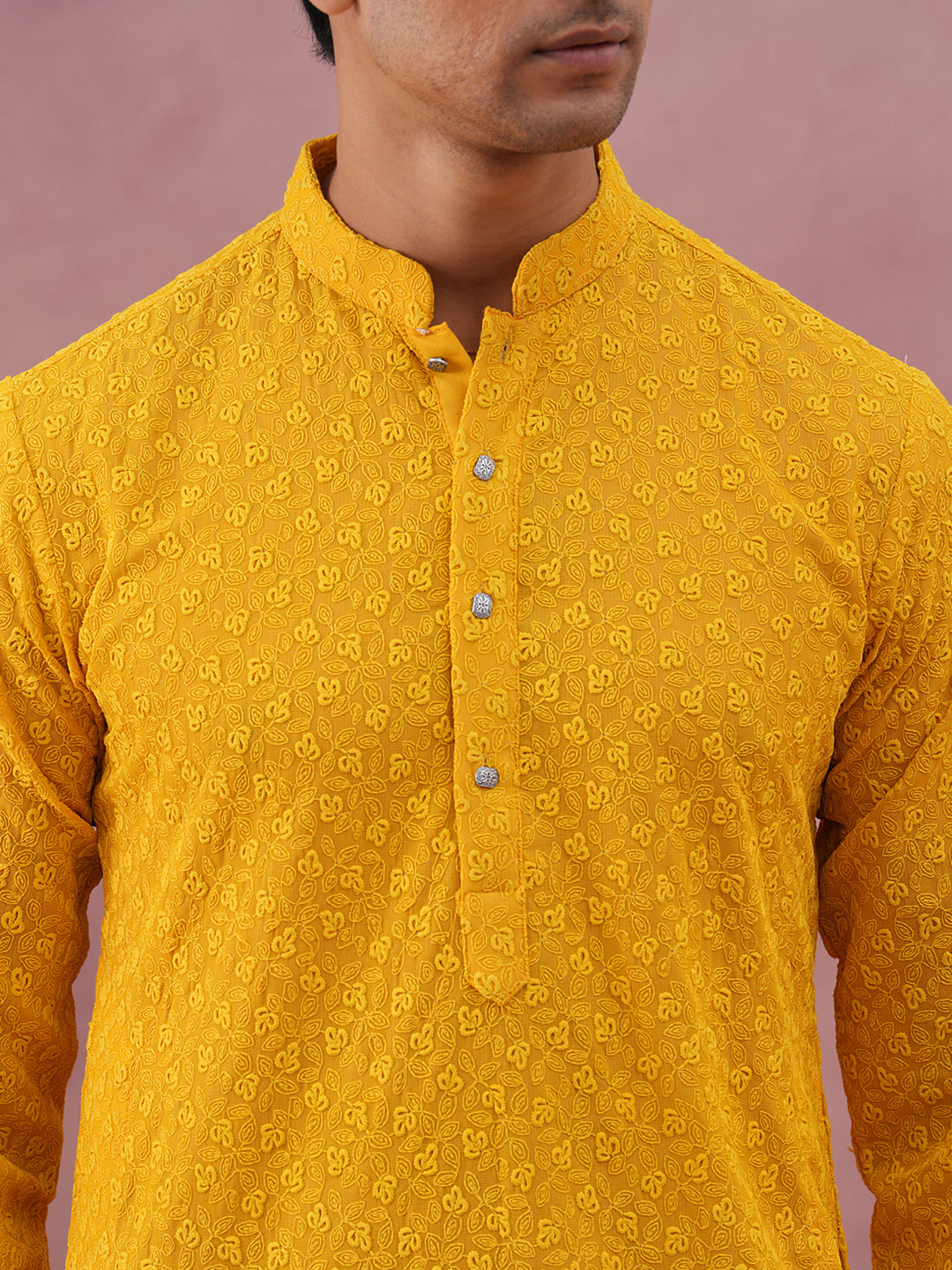 Traditional Cotton Blend Embroidered Kurta Pyjama (65KP P 5334 Yellow ) [FF] [F-1-2-3-4]