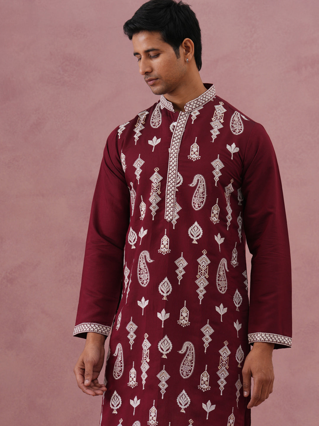 Silk Blend Ethnic Embroidered Kurta Pyjama for Men ( 65KP P 5335 P 5335Maroon ) [FF] [B-1-2]