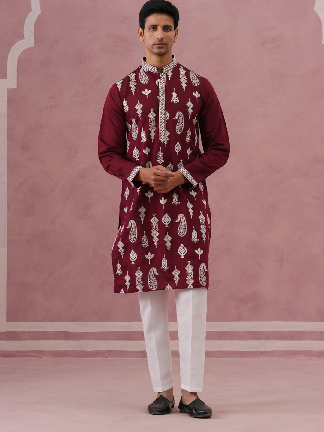 Silk Blend Ethnic Embroidered Kurta Pyjama for Men ( 65KP P 5335 P 5335Maroon ) [FF] [B-1-2]