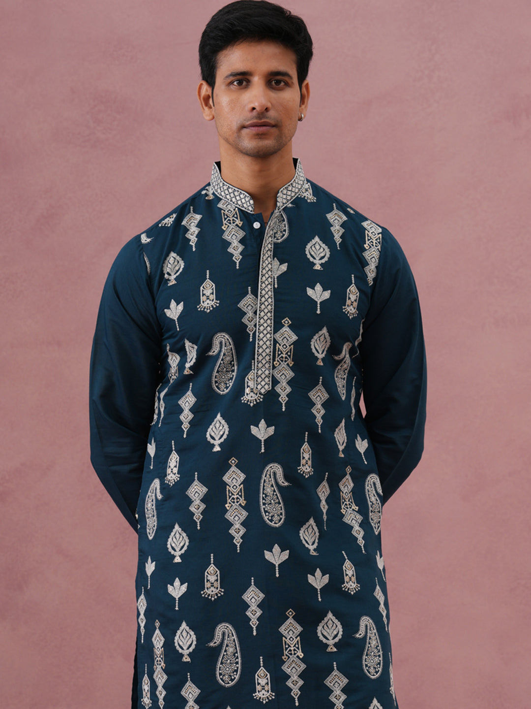 Silk Blend Ethnic Embroidered Kurta Pyjama for Men ( 65KP P 5335 P 5335Peacock ) [FF] [B-1-2]