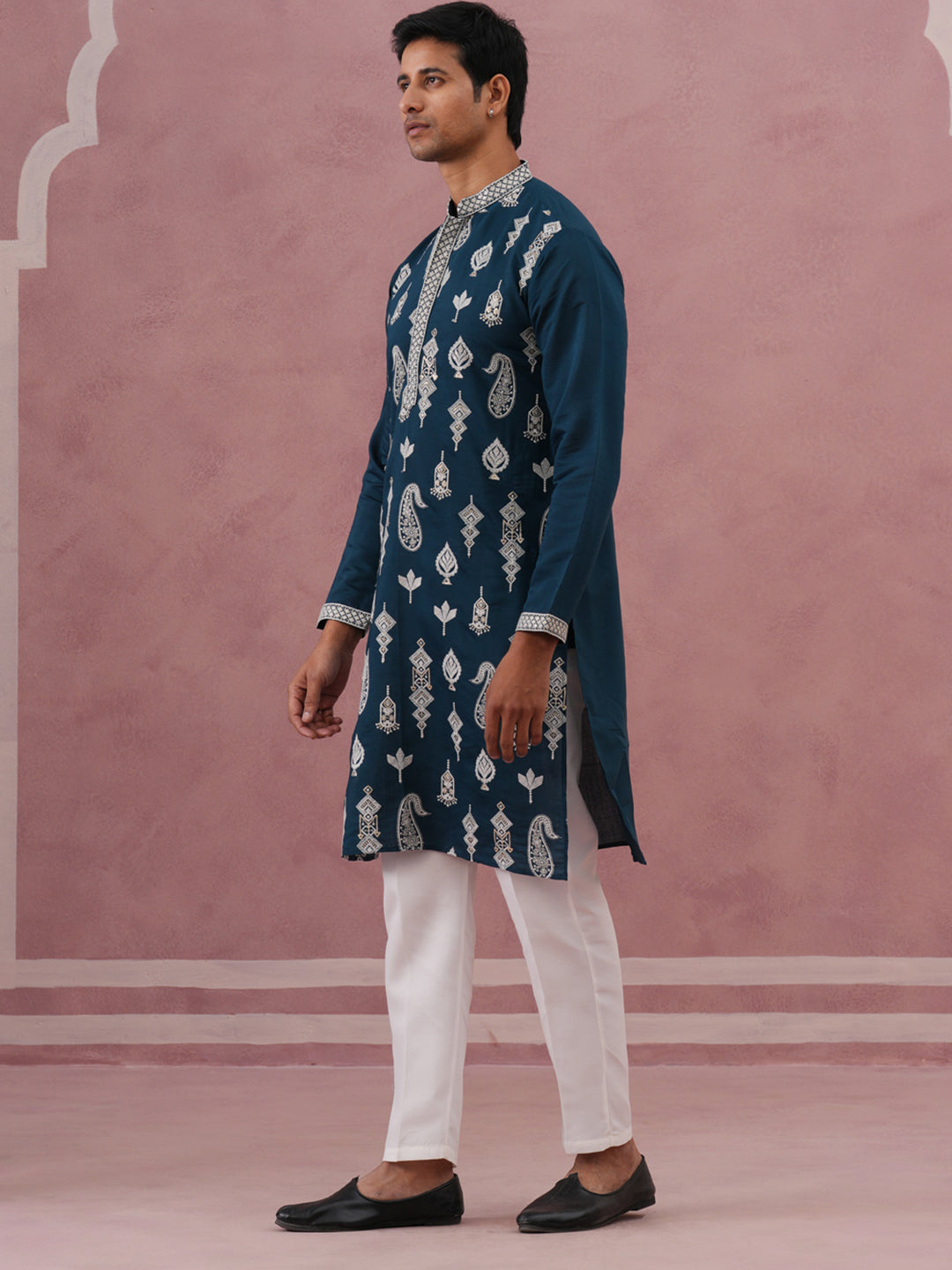 Silk Blend Ethnic Embroidered Kurta Pyjama for Men ( 65KP P 5335 P 5335Peacock ) [FF] [B-1-2]