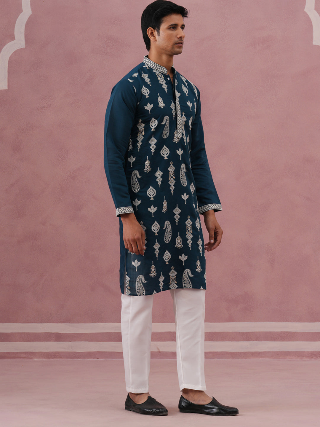 Silk Blend Ethnic Embroidered Kurta Pyjama for Men ( 65KP P 5335 P 5335Peacock ) [FF] [B-1-2]