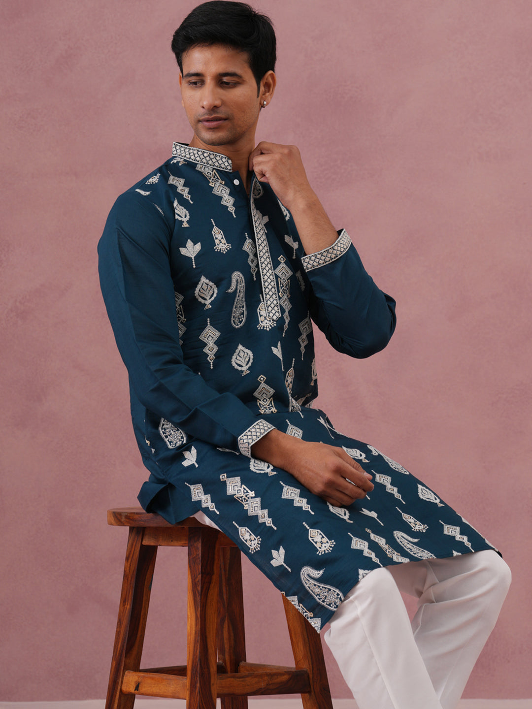 Silk Blend Ethnic Embroidered Kurta Pyjama for Men ( 65KP P 5335 P 5335Peacock ) [FF] [B-1-2]