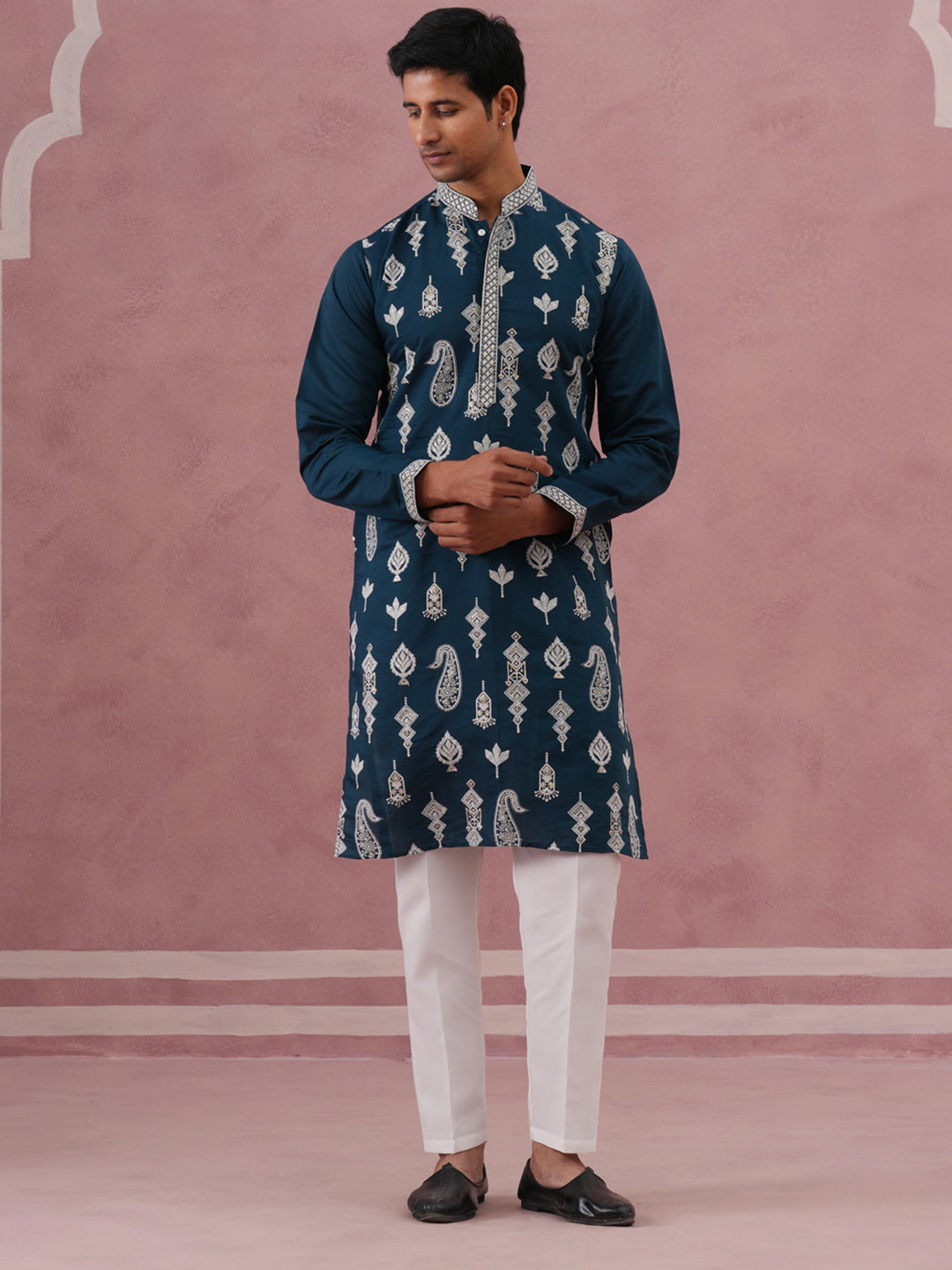 Silk Blend Ethnic Embroidered Kurta Pyjama for Men ( 65KP P 5335 P 5335Peacock ) [FF] [B-1-2]