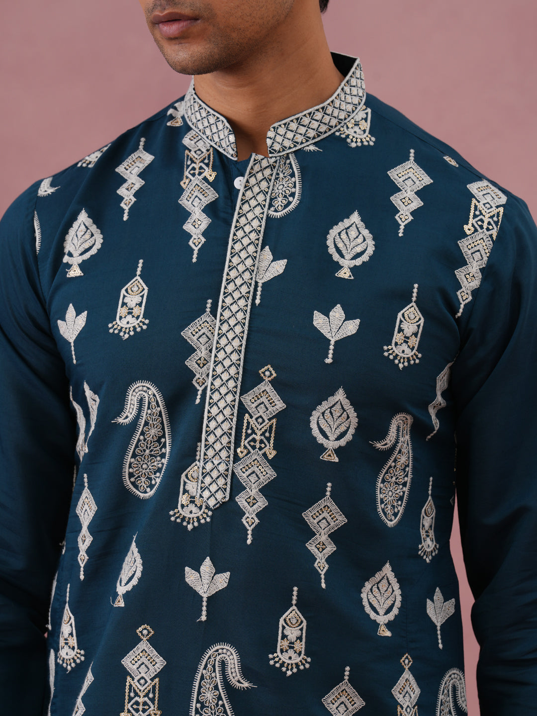 Silk Blend Ethnic Embroidered Kurta Pyjama for Men ( 65KP P 5335 P 5335Peacock ) [FF] [B-1-2]