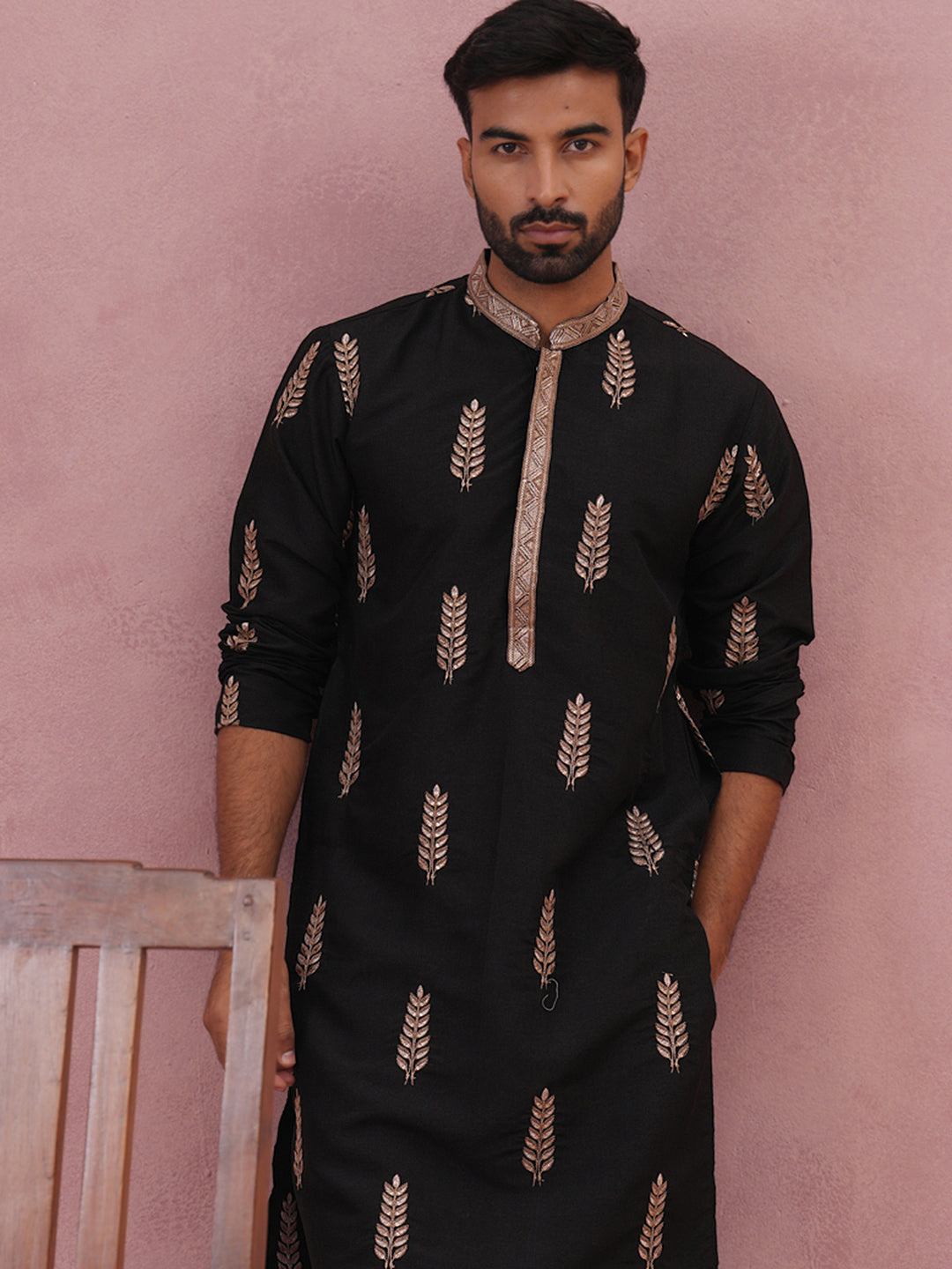 Men's Silk Blend Embroidered Kurta Pyjama Set (65KP P 5336 Black ) [FF] [J-1]