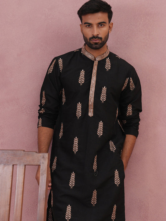 Men's Silk Blend Embroidered Kurta Pyjama Set (65KP P 5336 Black ) [FF] [J-1]