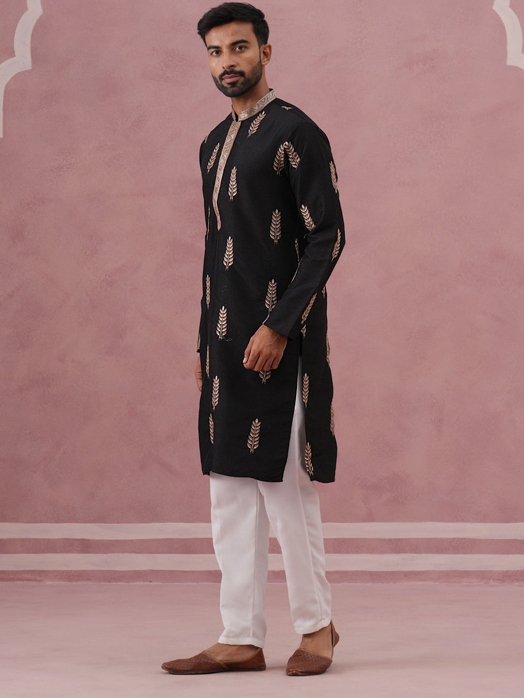 Men's Silk Blend Embroidered Kurta Pyjama Set (65KP P 5336 Black ) [FF] [J-1]