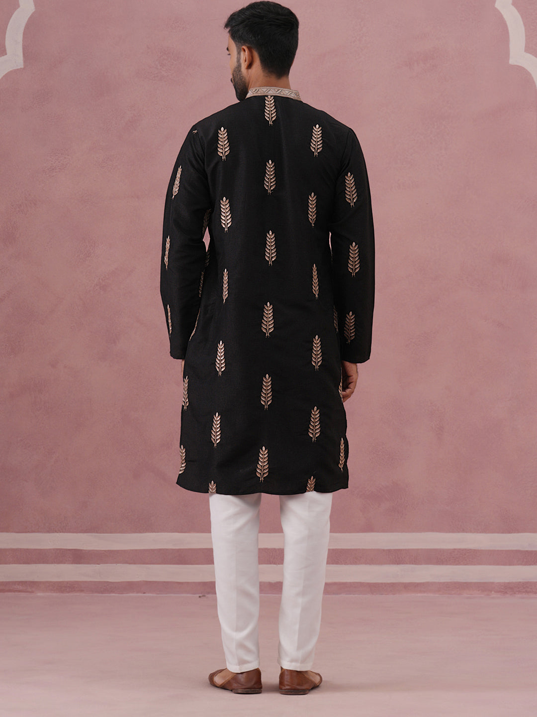 Men's Silk Blend Embroidered Kurta Pyjama Set (65KP P 5336 Black ) [FF] [J-1]