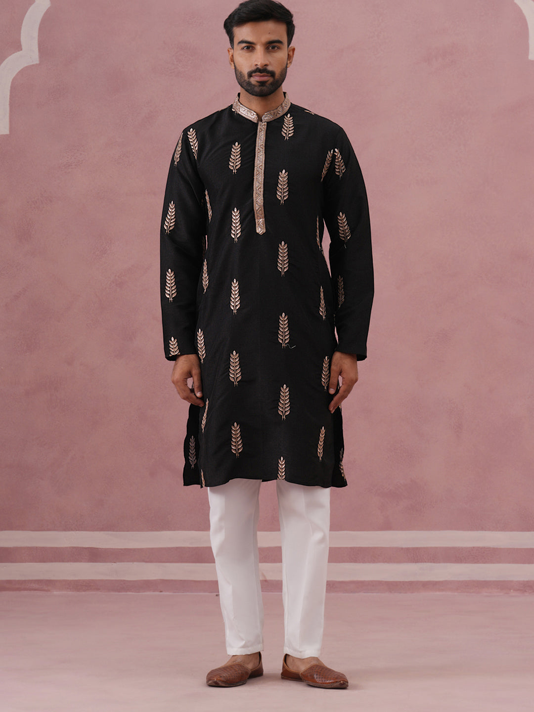 Men's Silk Blend Embroidered Kurta Pyjama Set (65KP P 5336 Black ) [FF] [J-1]