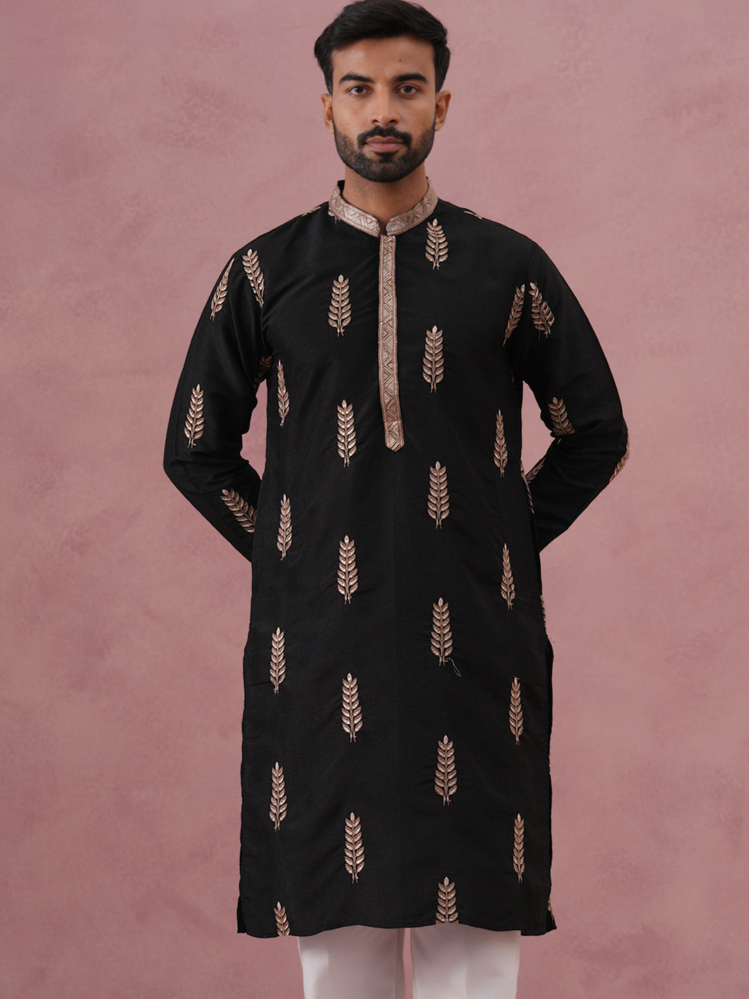 Men's Silk Blend Embroidered Kurta Pyjama Set (65KP P 5336 Black ) [FF] [J-1]