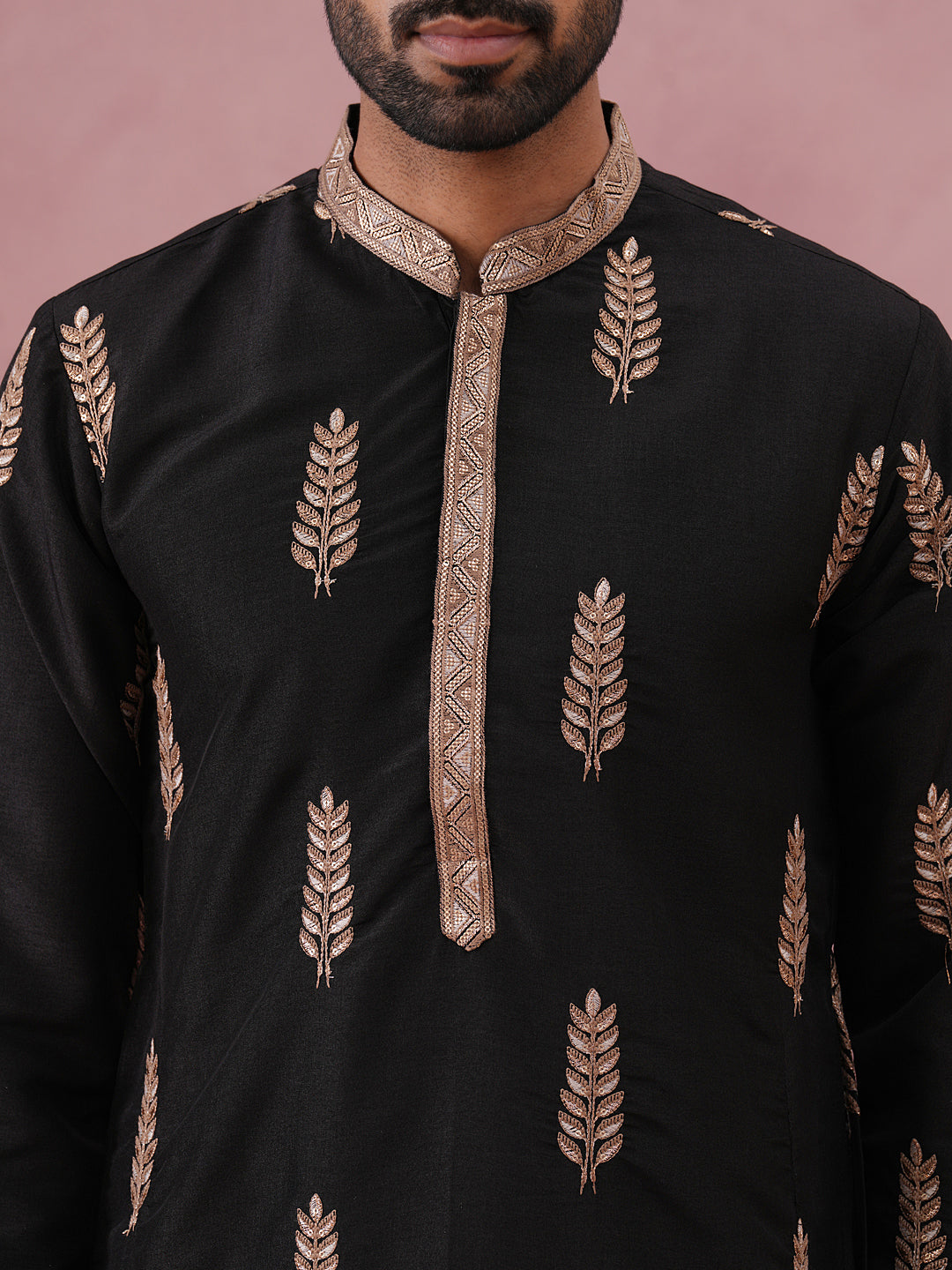 Men's Silk Blend Embroidered Kurta Pyjama Set (65KP P 5336 Black ) [FF] [J-1]