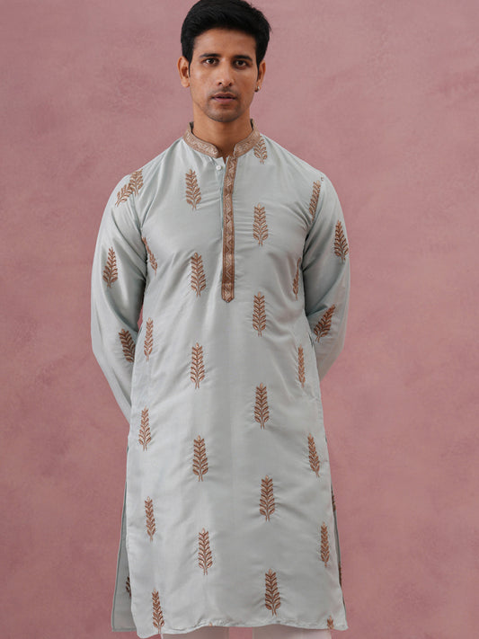 Men's Silk Blend Embroidered Kurta Pyjama Set ( 65KP P 5336 P 5336Sky ) [FF] [J-1]