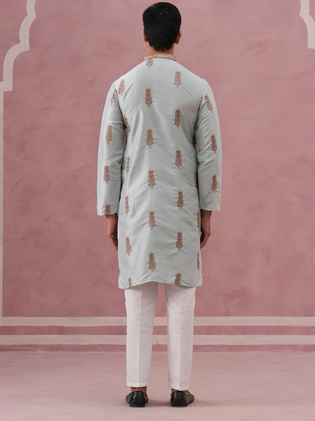 Men's Silk Blend Embroidered Kurta Pyjama Set ( 65KP P 5336 P 5336Sky ) [FF] [J-1]