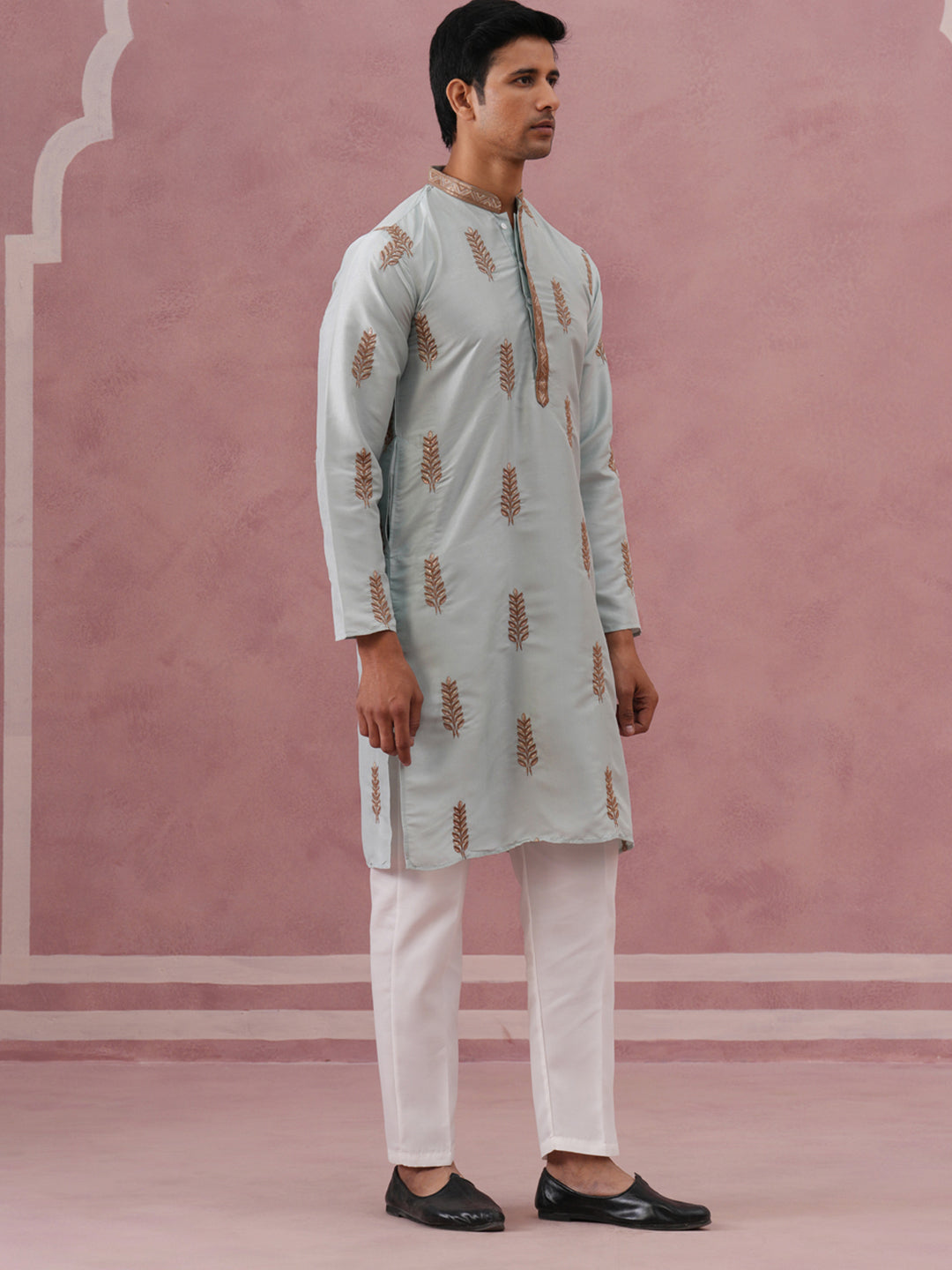 Men's Silk Blend Embroidered Kurta Pyjama Set ( 65KP P 5336 P 5336Sky ) [FF] [J-1]