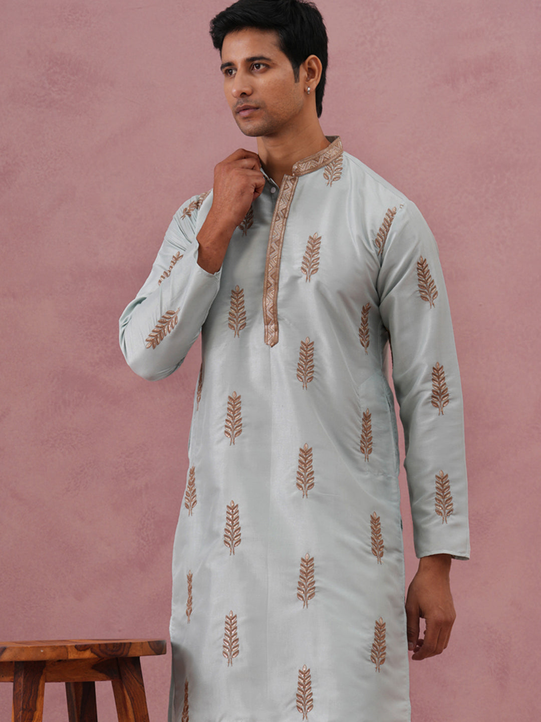 Men's Silk Blend Embroidered Kurta Pyjama Set ( 65KP P 5336 P 5336Sky ) [FF] [J-1]