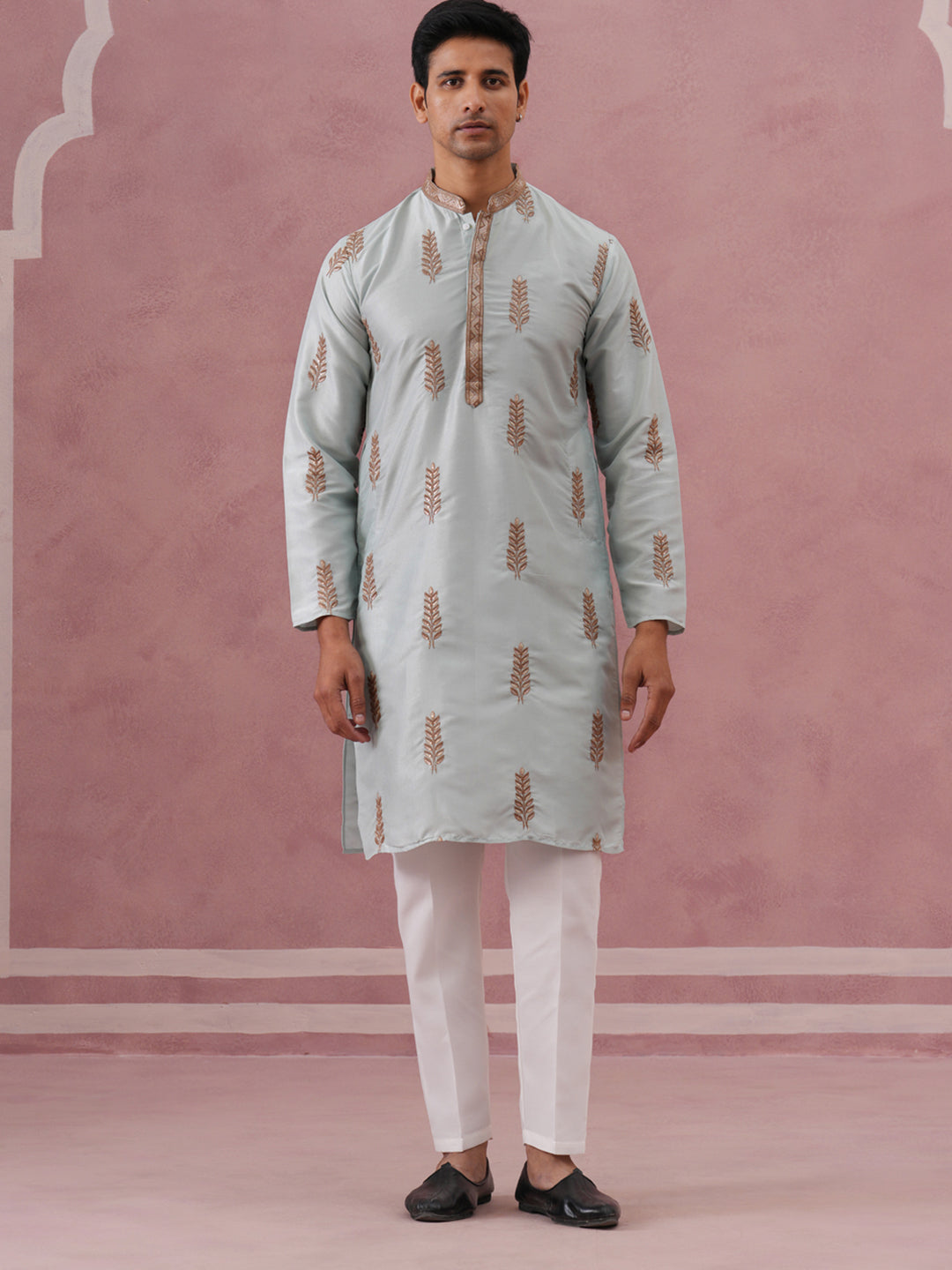 Men's Silk Blend Embroidered Kurta Pyjama Set ( 65KP P 5336 P 5336Sky ) [FF] [J-1]