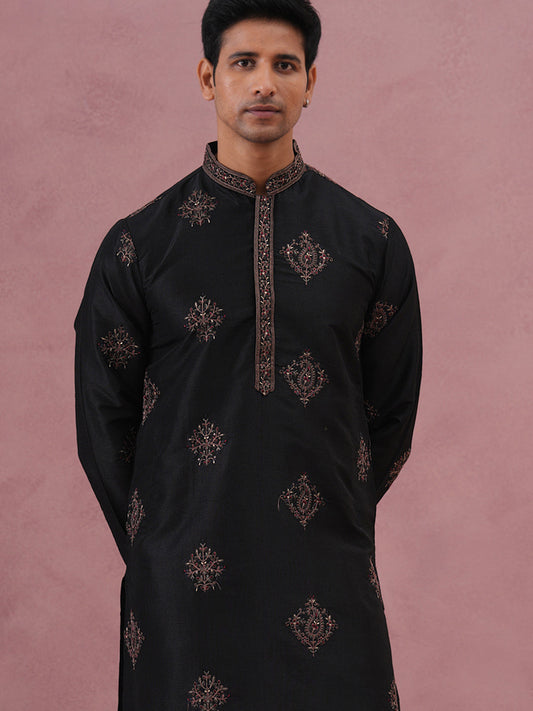 Silk Blend Black Kurta Pyjama Set for Men (65KP P 5337 Black ) [FF] [A-1-4]
