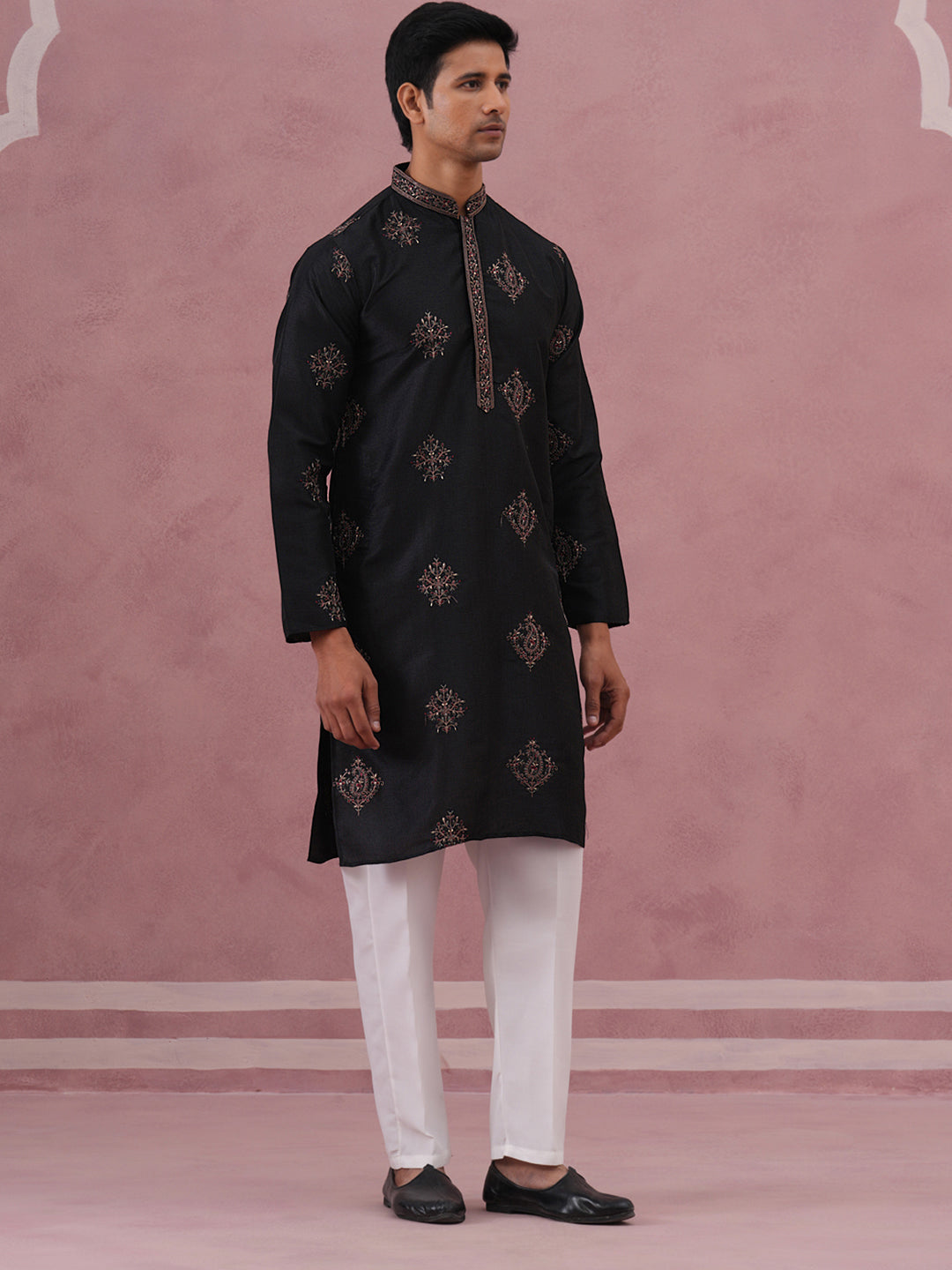 Silk Blend Black Kurta Pyjama Set for Men (65KP P 5337 Black ) [FF] [A-1-4]