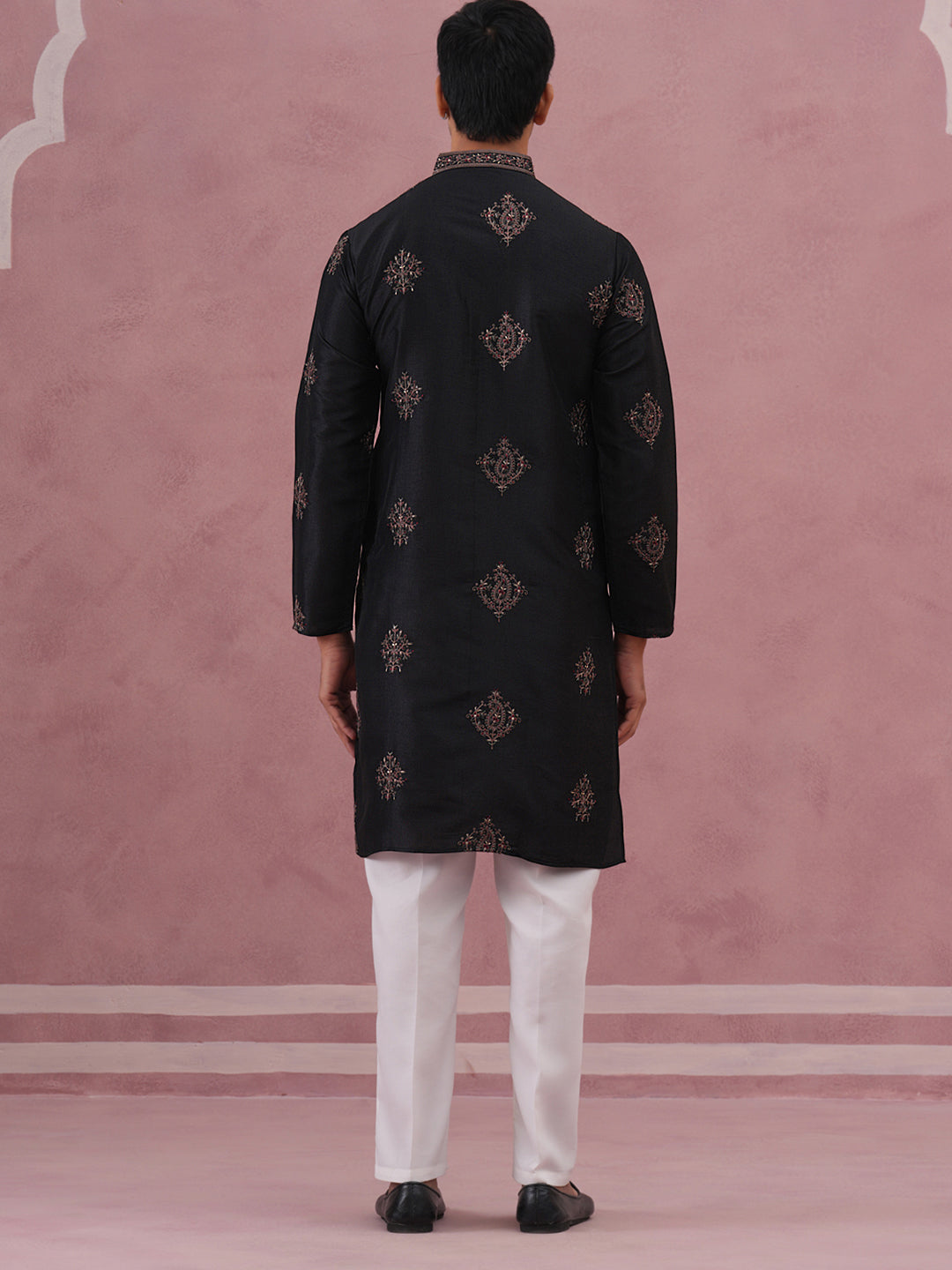 Silk Blend Black Kurta Pyjama Set for Men (65KP P 5337 Black ) [FF] [A-1-4]