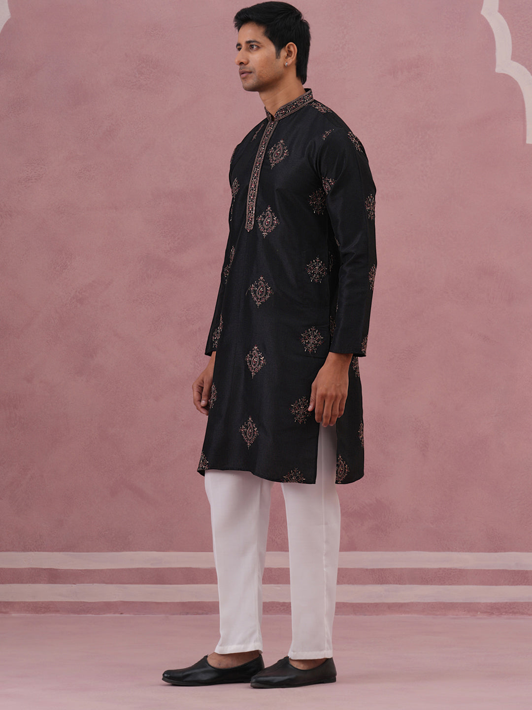 Silk Blend Black Kurta Pyjama Set for Men (65KP P 5337 Black ) [FF] [A-1-4]