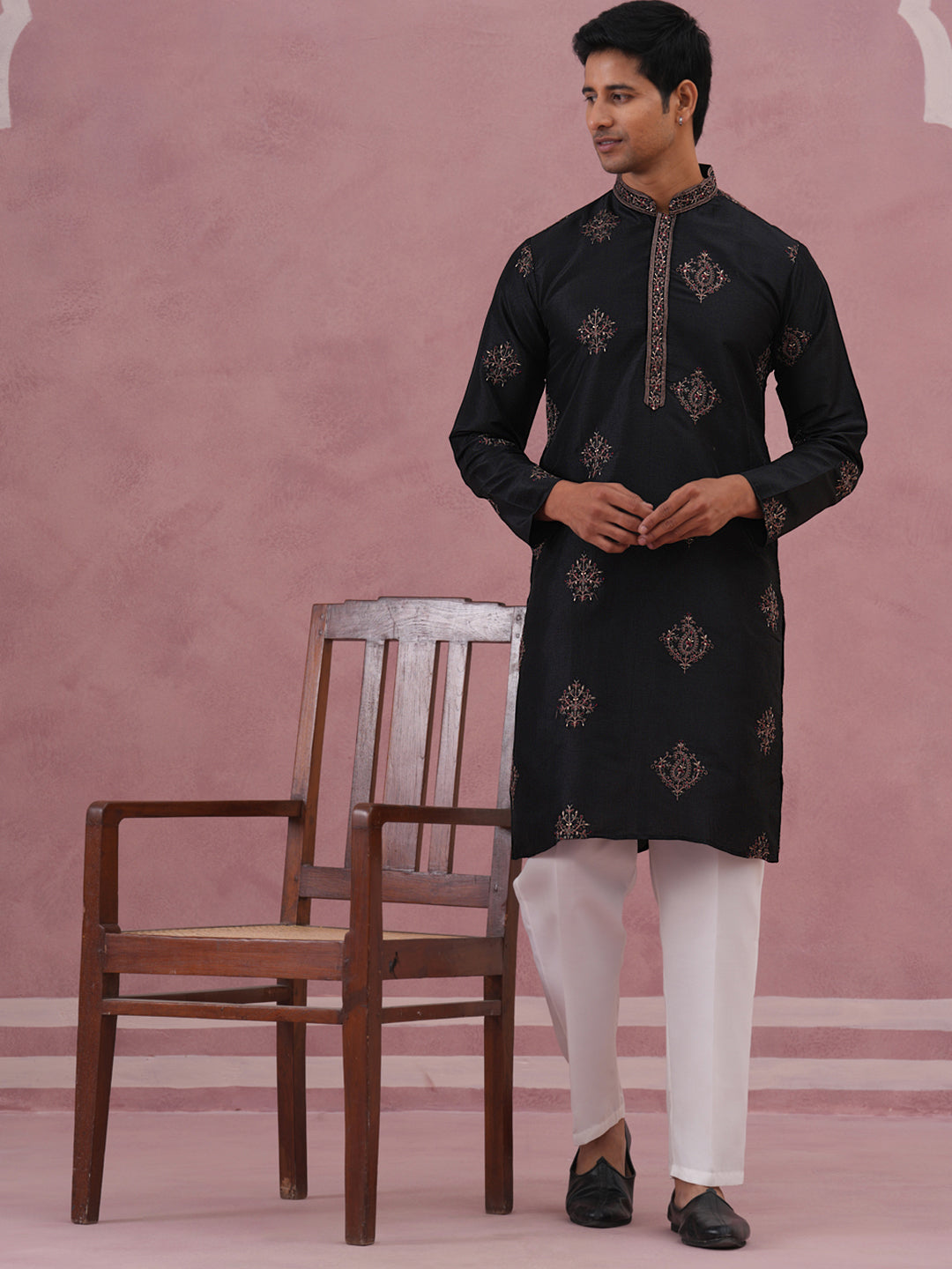 Silk Blend Black Kurta Pyjama Set for Men (65KP P 5337 Black ) [FF] [A-1-4]