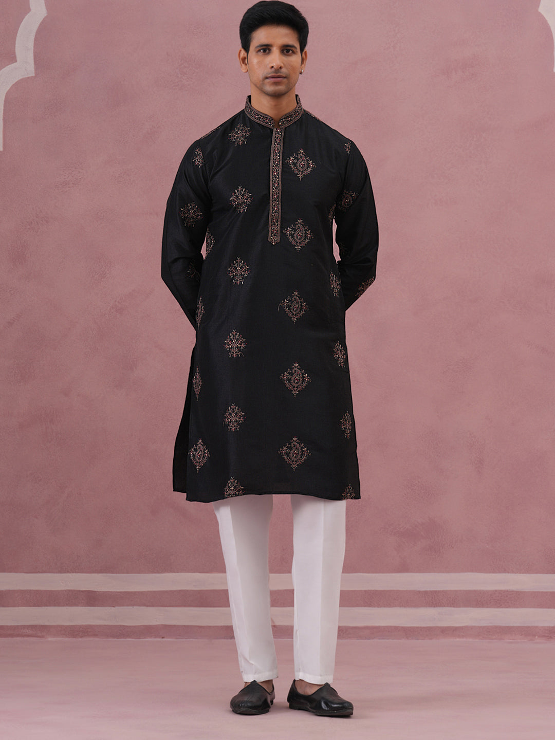 Silk Blend Black Kurta Pyjama Set for Men (65KP P 5337 Black ) [FF] [A-1-4]