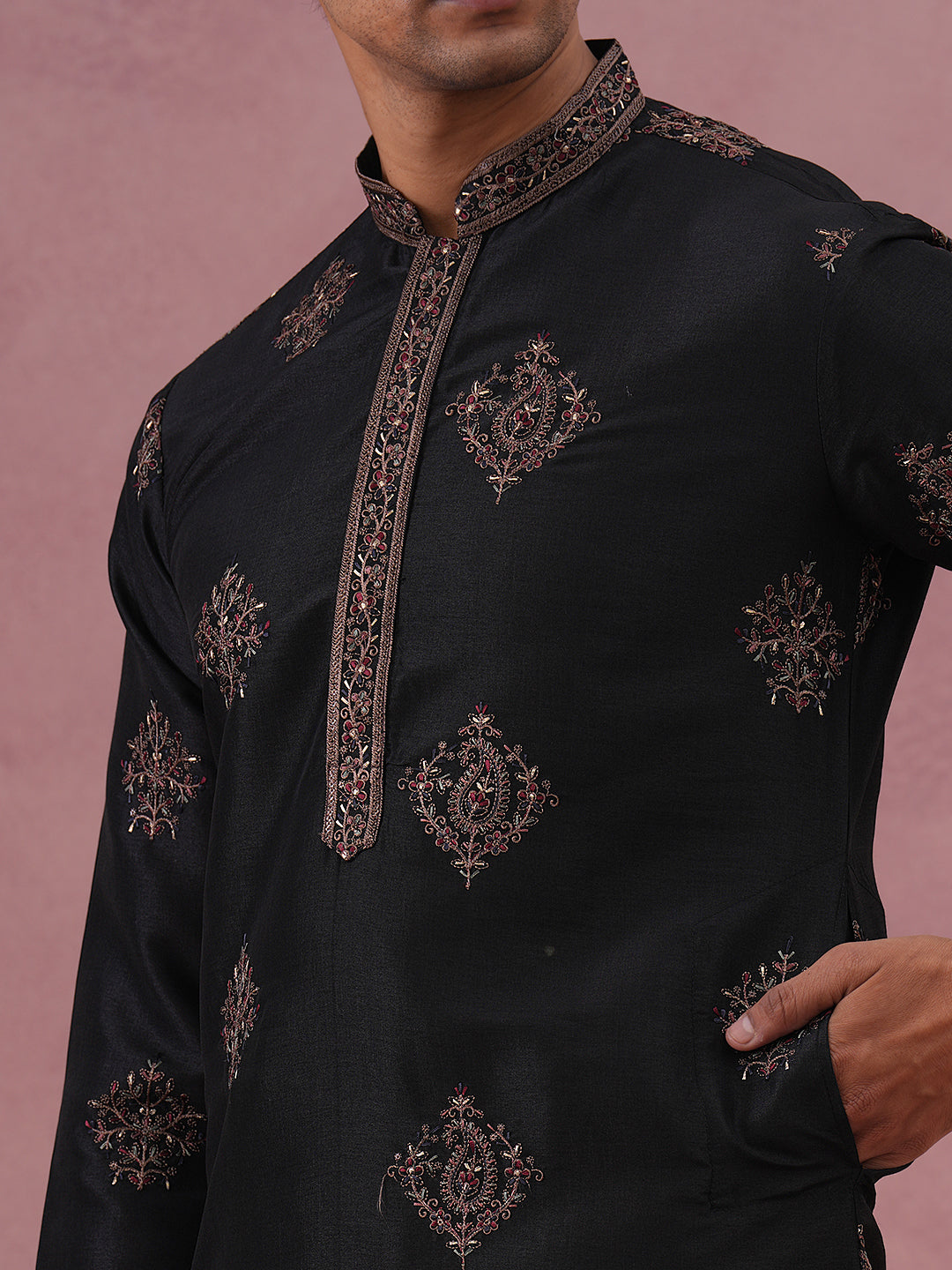 Silk Blend Black Kurta Pyjama Set for Men (65KP P 5337 Black ) [FF] [A-1-4]