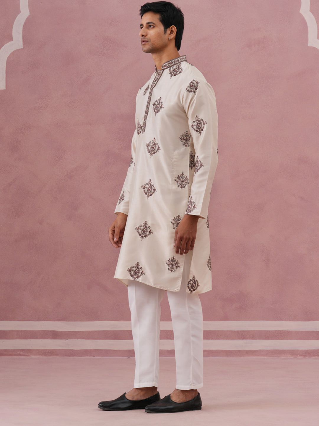 Silk Blend Black Kurta Pyjama Set for Men ( 65KP P 5337 P 5337Cream ) [FF] [A-1-4]