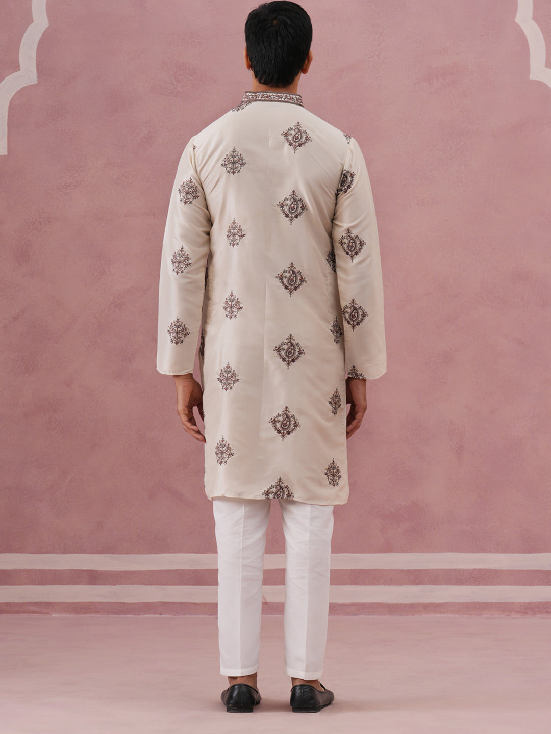 Silk Blend Black Kurta Pyjama Set for Men ( 65KP P 5337 P 5337Cream ) [FF] [A-1-4]