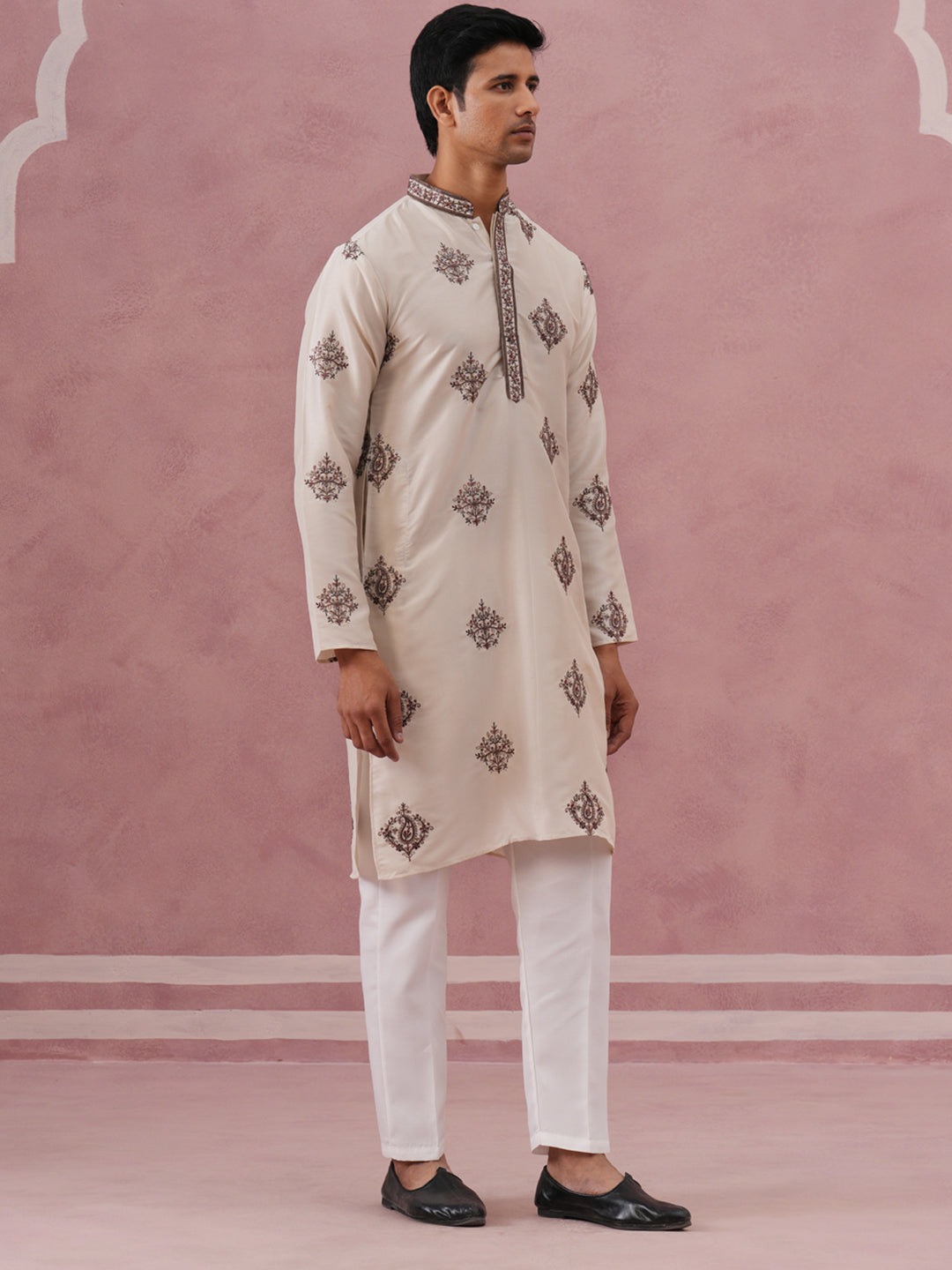 Silk Blend Black Kurta Pyjama Set for Men ( 65KP P 5337 P 5337Cream ) [FF] [A-1-4]