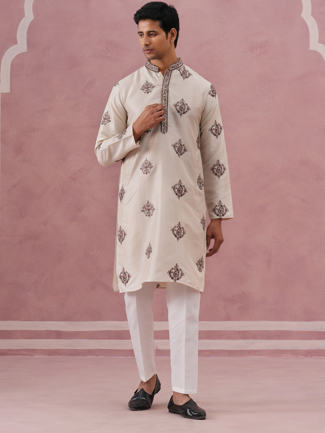 Silk Blend Black Kurta Pyjama Set for Men ( 65KP P 5337 P 5337Cream ) [FF] [A-1-4]