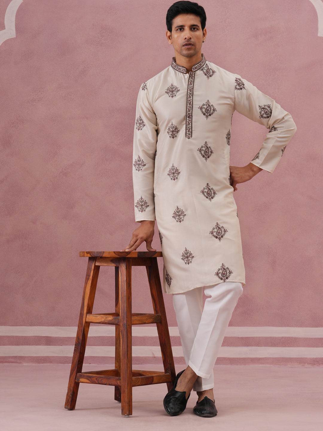 Silk Blend Black Kurta Pyjama Set for Men ( 65KP P 5337 P 5337Cream ) [FF] [A-1-4]