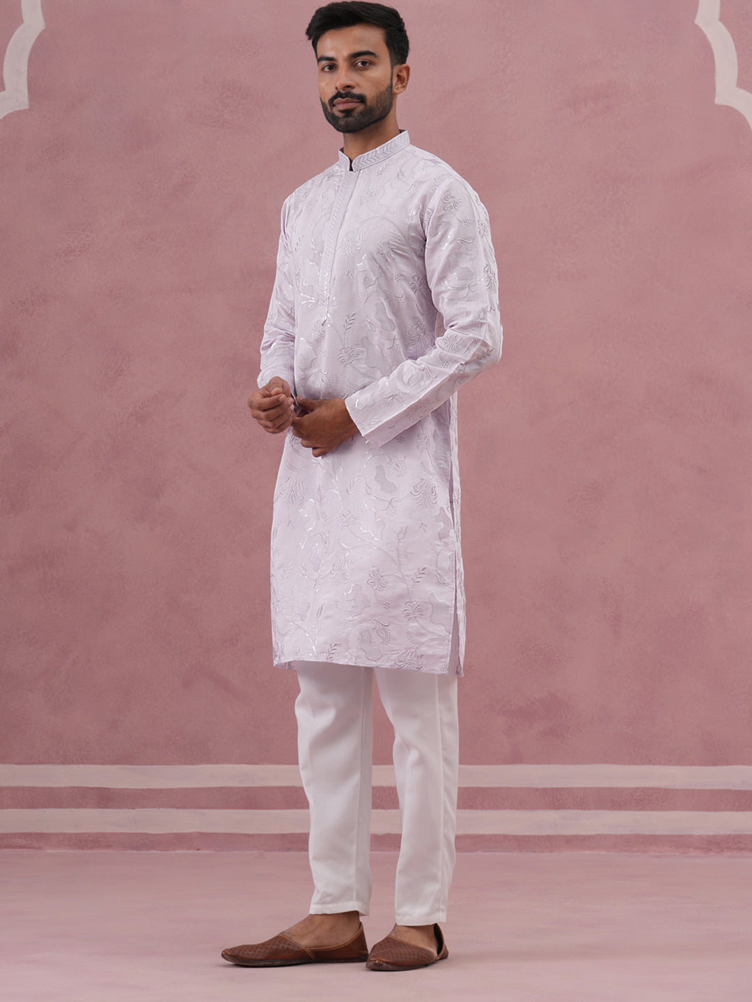 Men's Embroidered Silk Blend Kurta Pyjama Set ( 65KP P 5338 P 5338Lavender ) [FF] [A-1-4]
