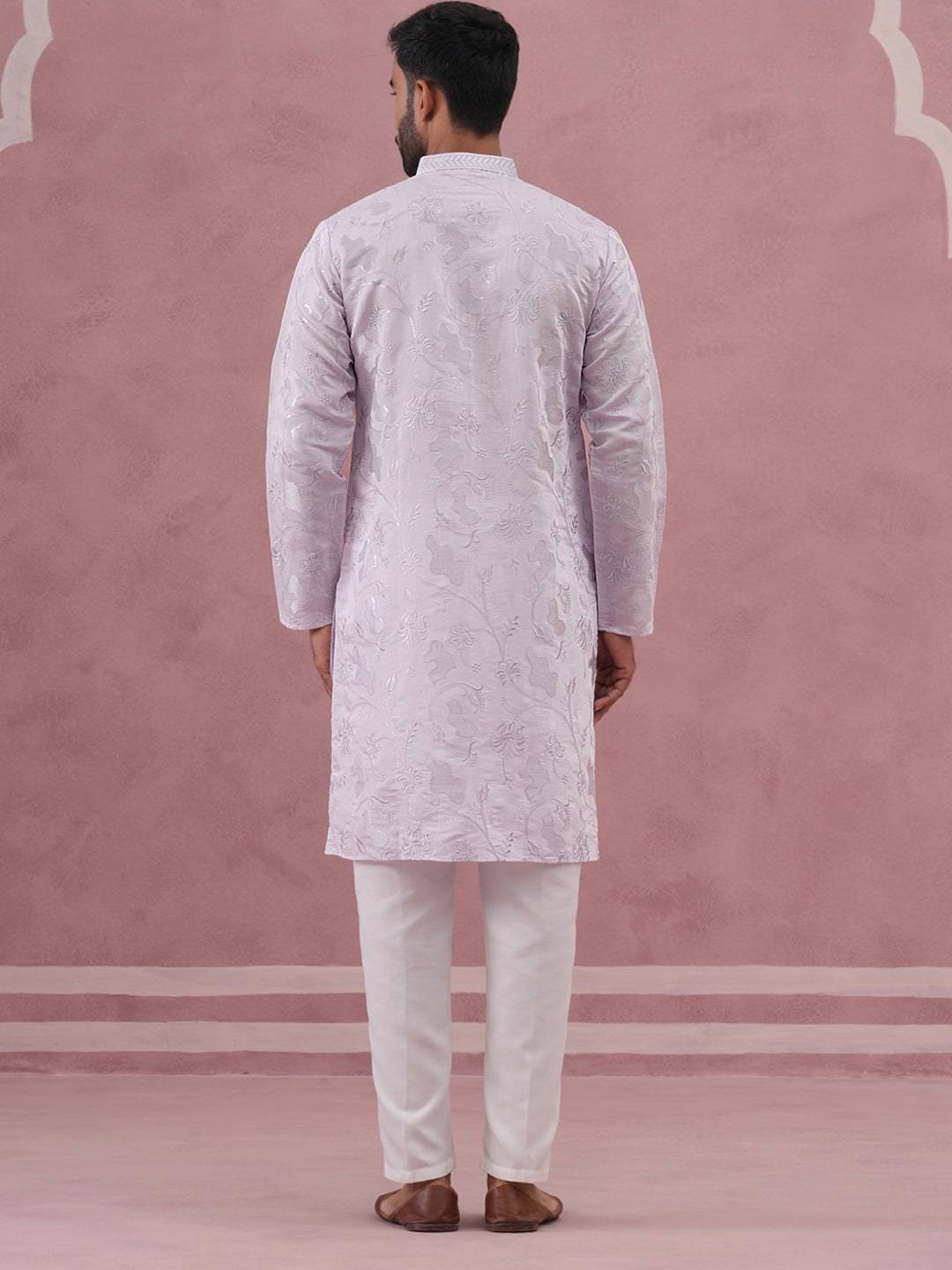 Men's Embroidered Silk Blend Kurta Pyjama Set ( 65KP P 5338 P 5338Lavender ) [FF] [A-1-4]